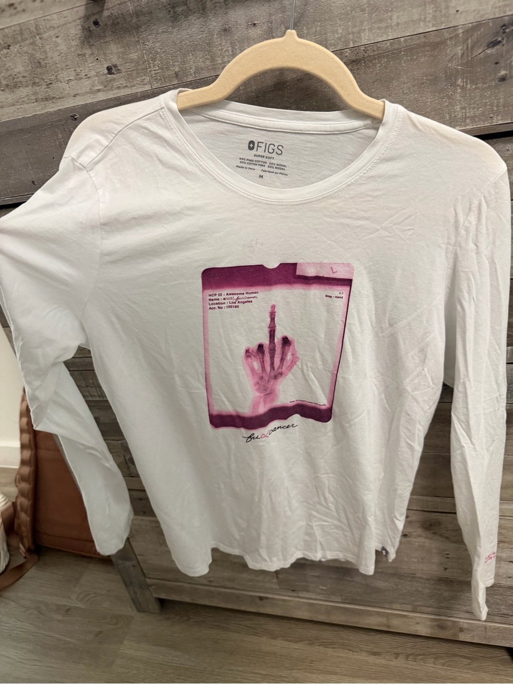 FIGS White Long Sleeve Graphic Tee Breast Cancer Awareness WORN TWICE